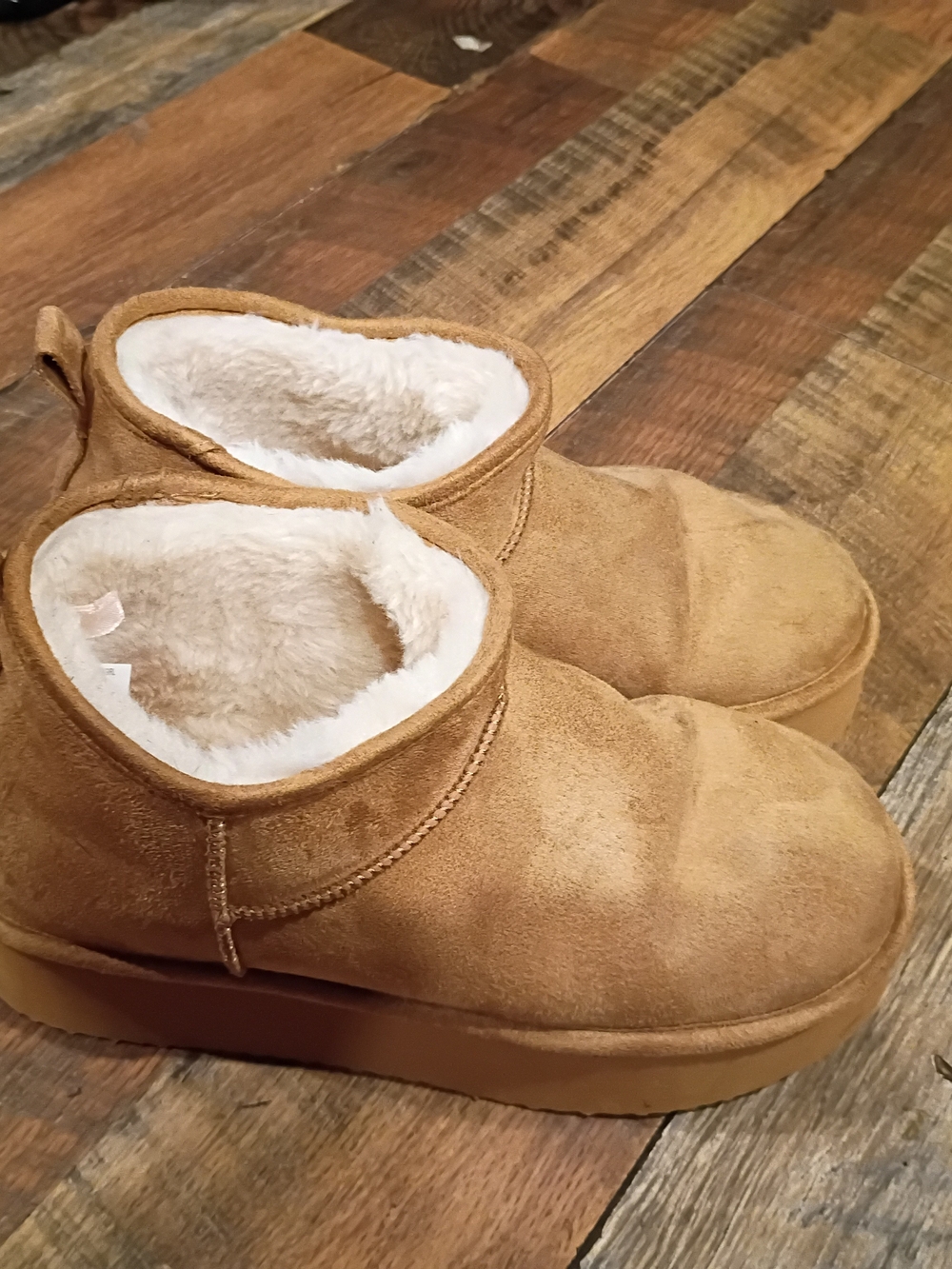 Madden Girl Tan Suede Shearling-Lined Slip-On Booties